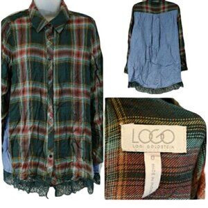 Logo by Lori Goldstein Green Plaid Long Sleeve Top with Lace Hem Size 8